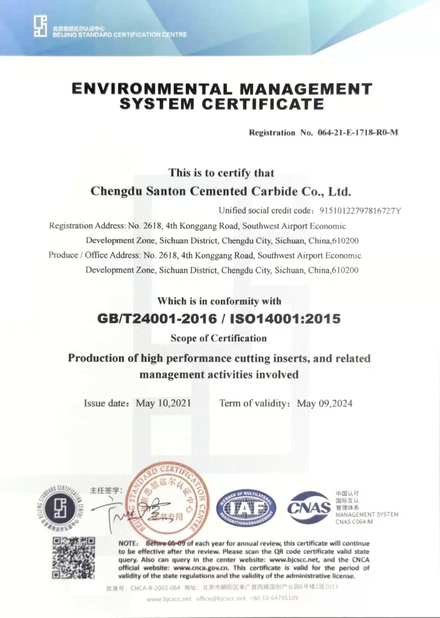 China Chengdu Santon Cemented Carbide Co., Ltd Certificações